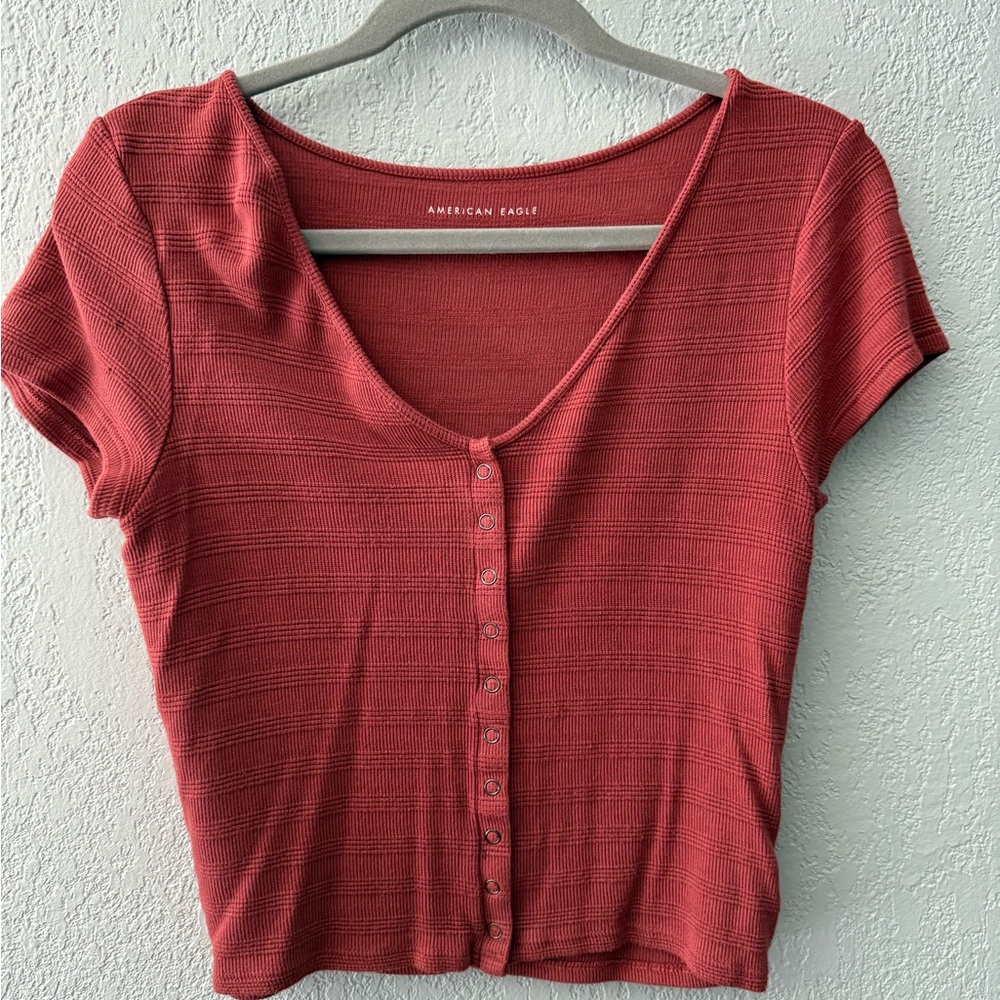 American Eagle Outfitters Women's Brick Red Ribbed Blouse